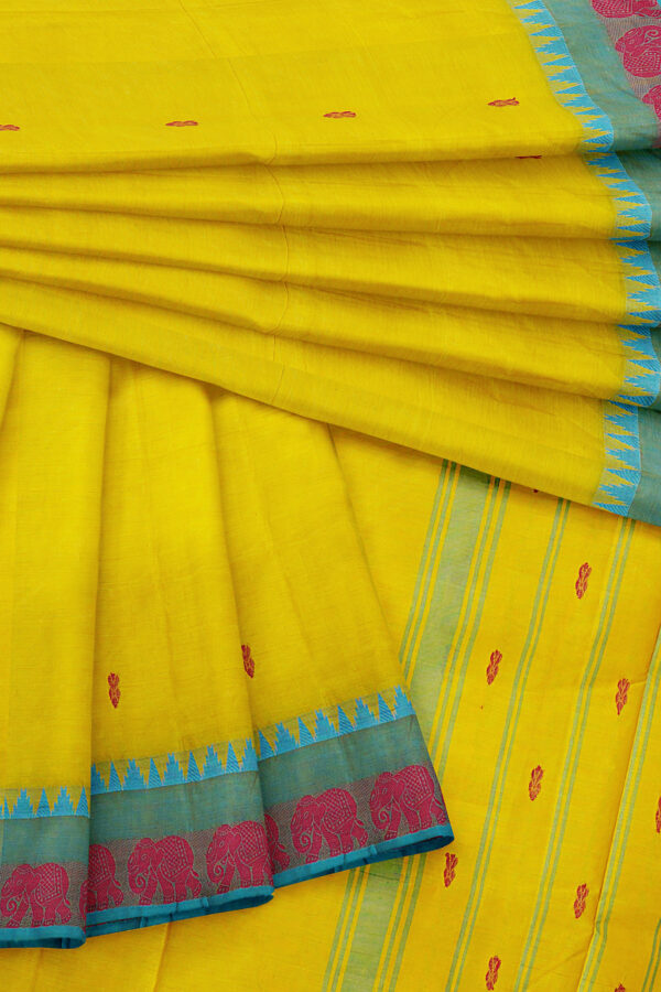 sri kumaran stores chettinad cotton yellow saree with sky blue maroon border 5