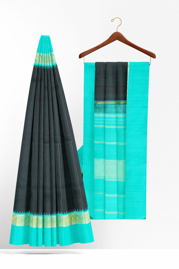 sri kumaran stores kanchipuram silk saree black saree with sky blue border 3
