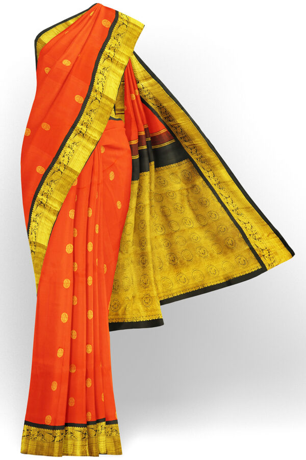 sri kumaran stores kanchipuram silk saree bright orange saree with golden black border 2