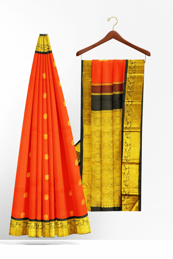 sri kumaran stores kanchipuram silk saree bright orange saree with golden black border 3