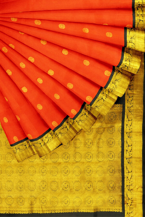 sri kumaran stores kanchipuram silk saree bright orange saree with golden black border 4