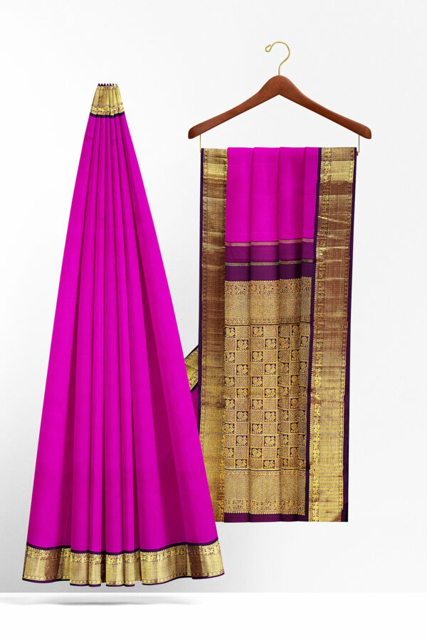 sri kumaran stores kanchipuram silk saree bright pink saree with golden black border 3