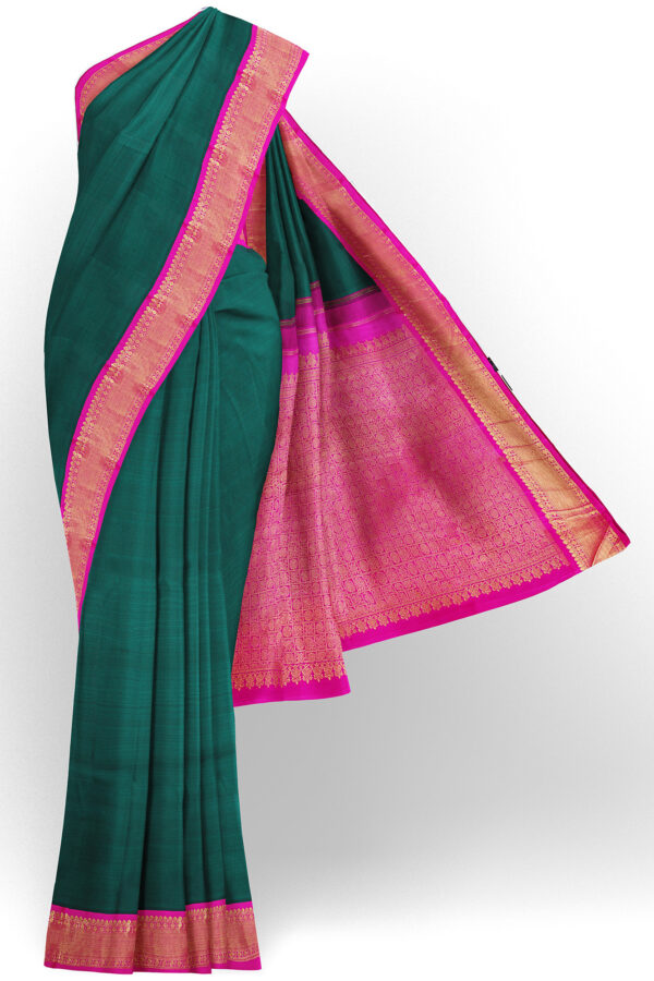 sri kumaran stores kanchipuram silk saree dark green saree with golden pink border 2