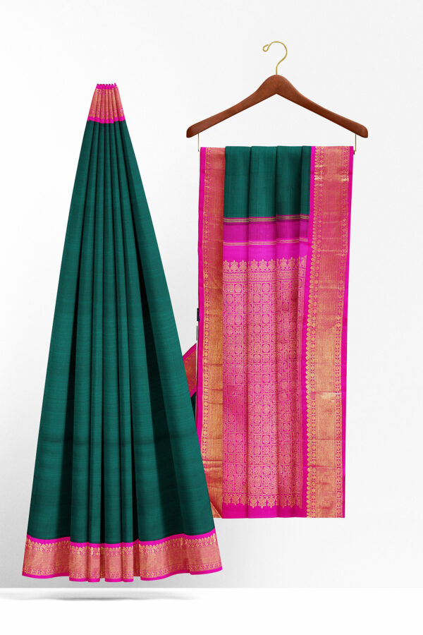 sri kumaran stores kanchipuram silk saree dark green saree with golden pink border 3