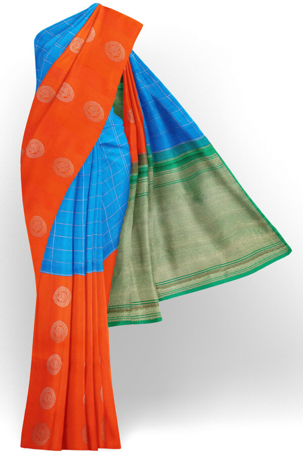 sri kumaran stores kanchipuram silk saree orange blue saree with orange blue border 2
