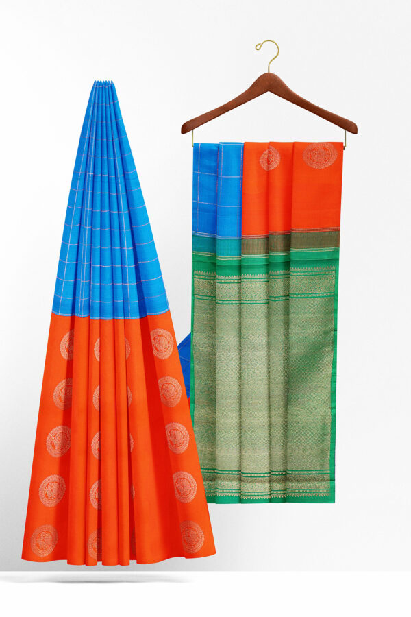 sri kumaran stores kanchipuram silk saree orange blue saree with orange blue border 3
