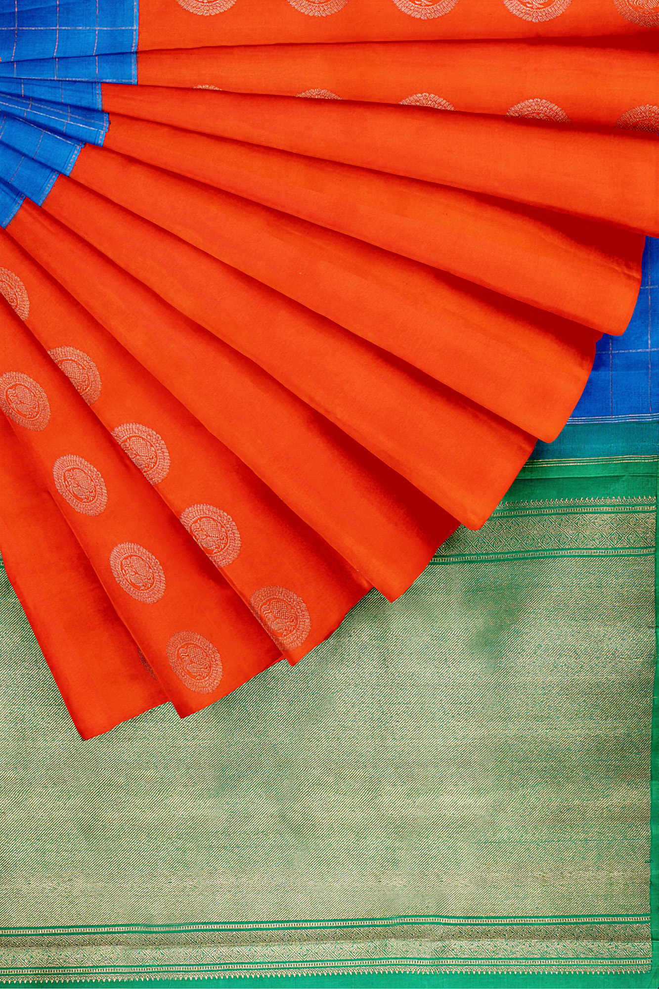 sri kumaran stores kanchipuram silk saree orange blue saree with orange blue border 4