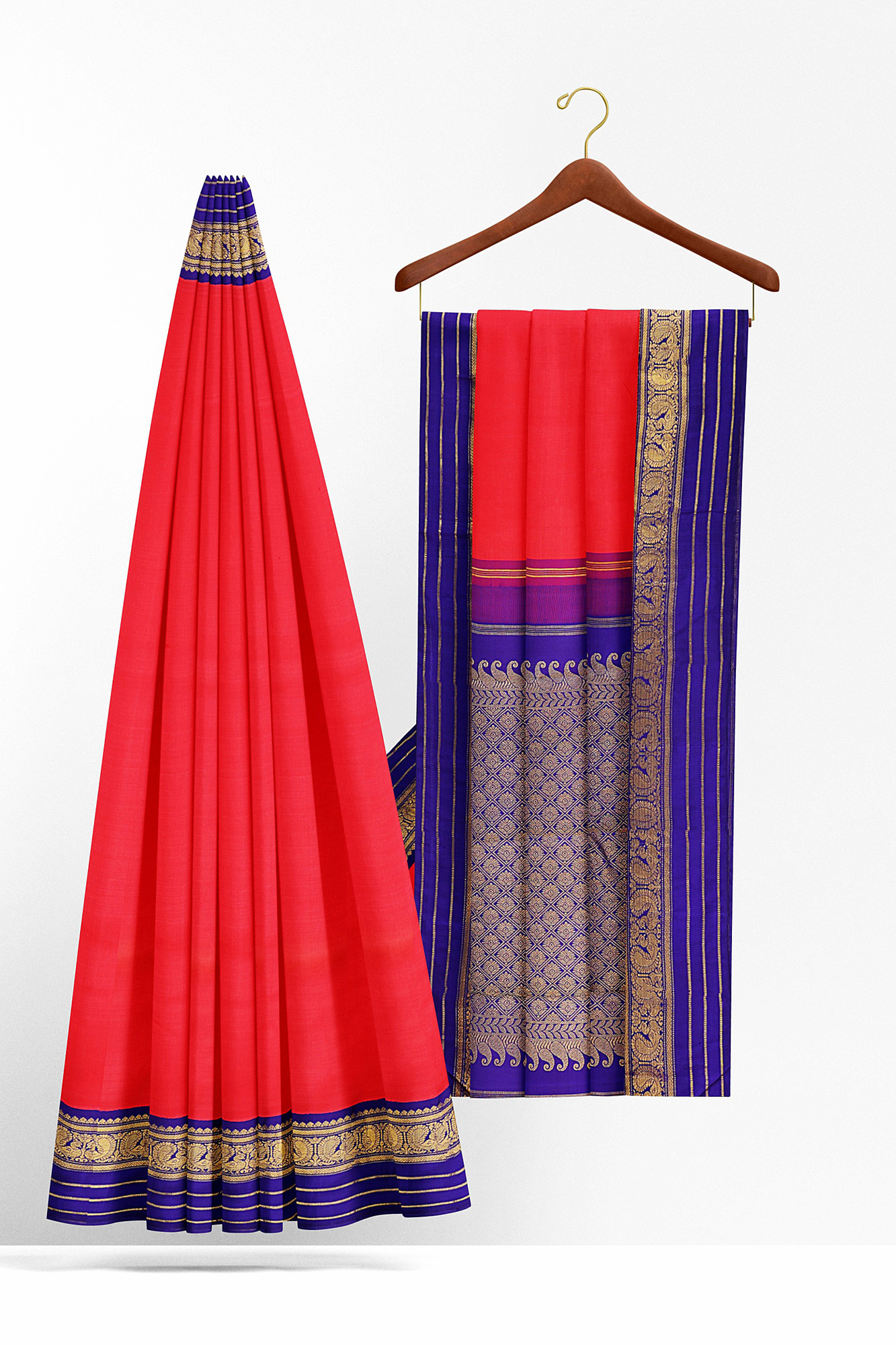 sri kumaran stores kanchipuram silk saree orange saree with golden blue border 3