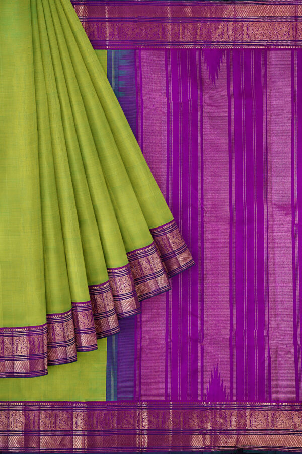 sri kumaran stores kanchipuram silk saree parrot green saree with golden purple border 1