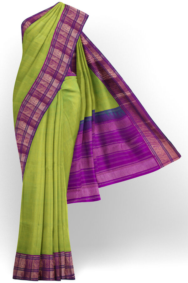sri kumaran stores kanchipuram silk saree parrot green saree with golden purple border 2