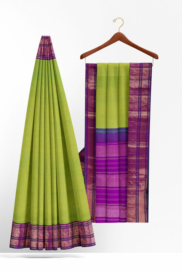 sri kumaran stores kanchipuram silk saree parrot green saree with golden purple border 3