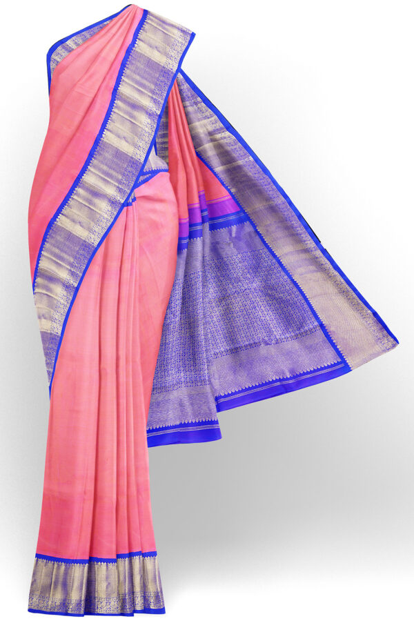 sri kumaran stores kanchipuram silk saree peach orange saree with golden blue border 2