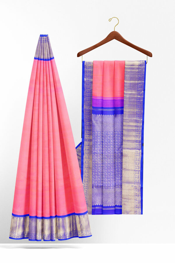 sri kumaran stores kanchipuram silk saree peach orange saree with golden blue border 3