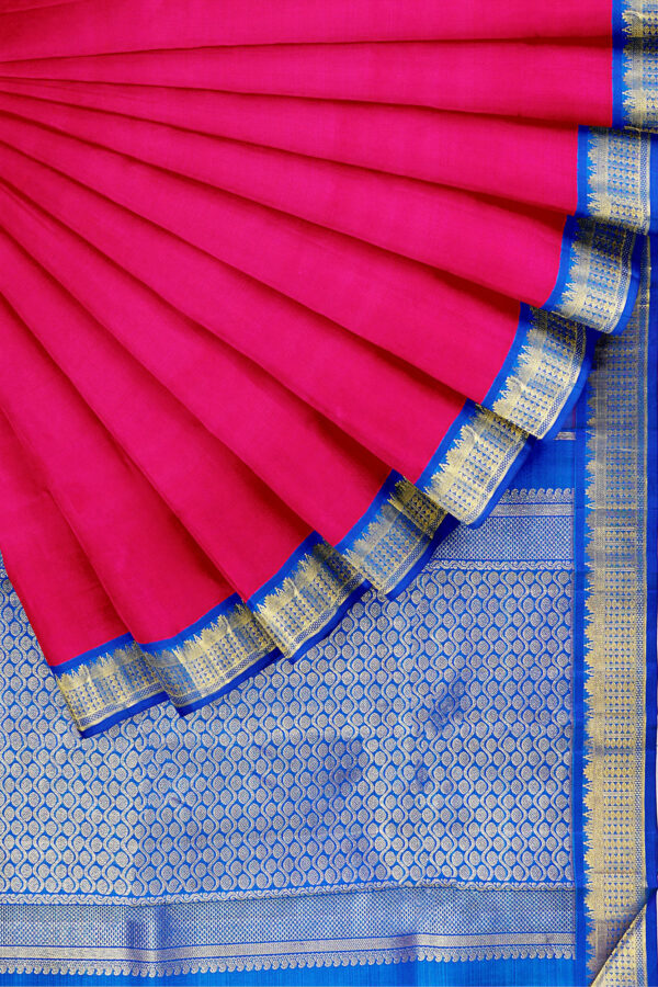 sri kumaran stores kanchipuram silk saree pink saree with golden blue border 4