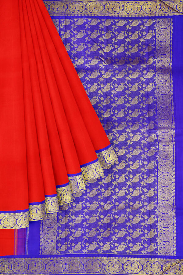 sri kumaran stores kanchipuram silk saree red saree with golden blue border 1
