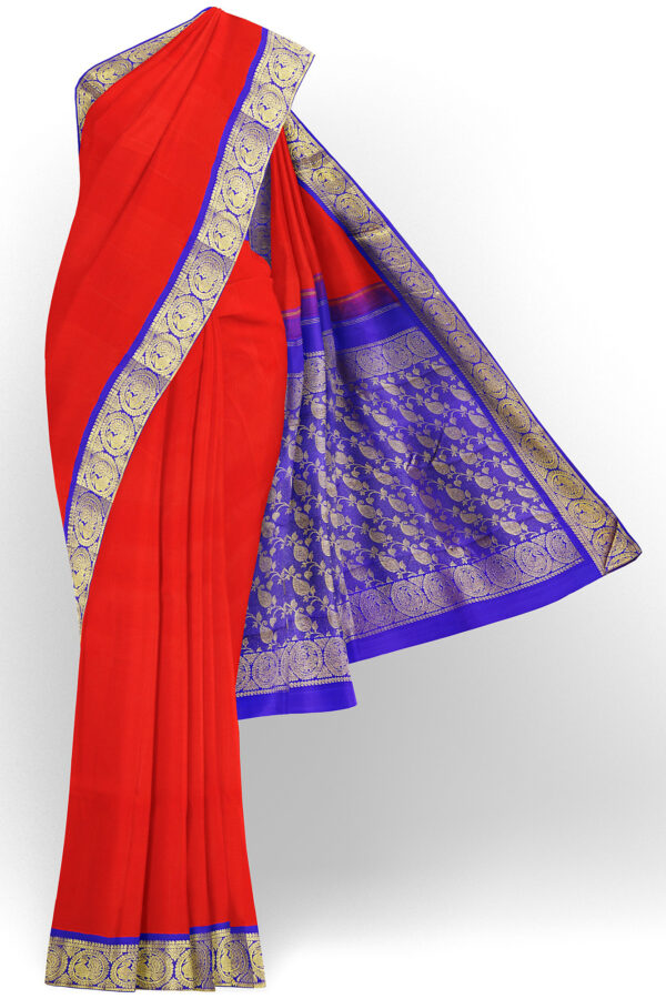 sri kumaran stores kanchipuram silk saree red saree with golden blue border 2