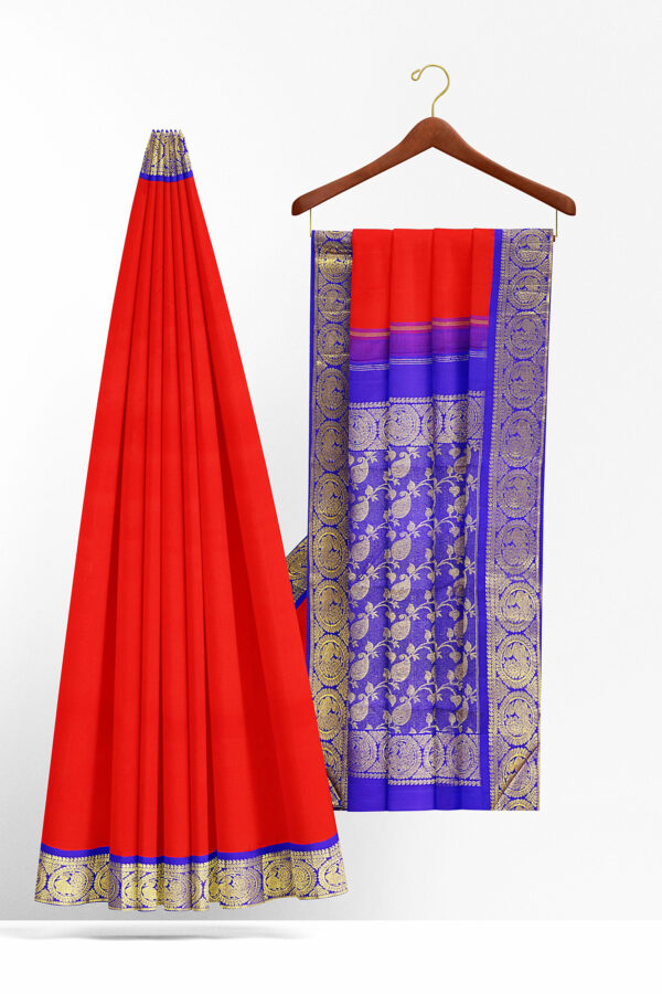 sri kumaran stores kanchipuram silk saree red saree with golden blue border 3