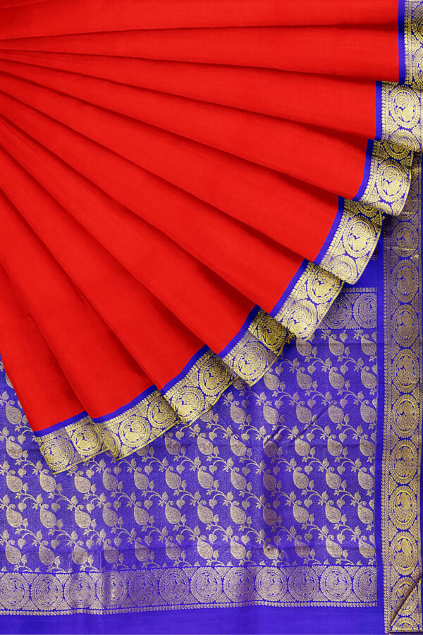 sri kumaran stores kanchipuram silk saree red saree with golden blue border 4