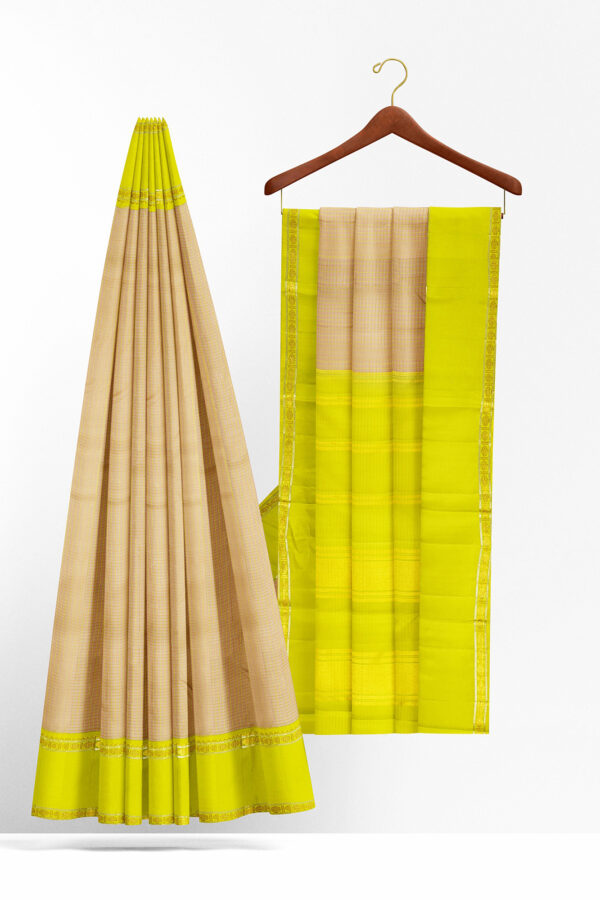 sri kumaran stores kanchipuram silk saree sandal saree with lemon yellow border 3