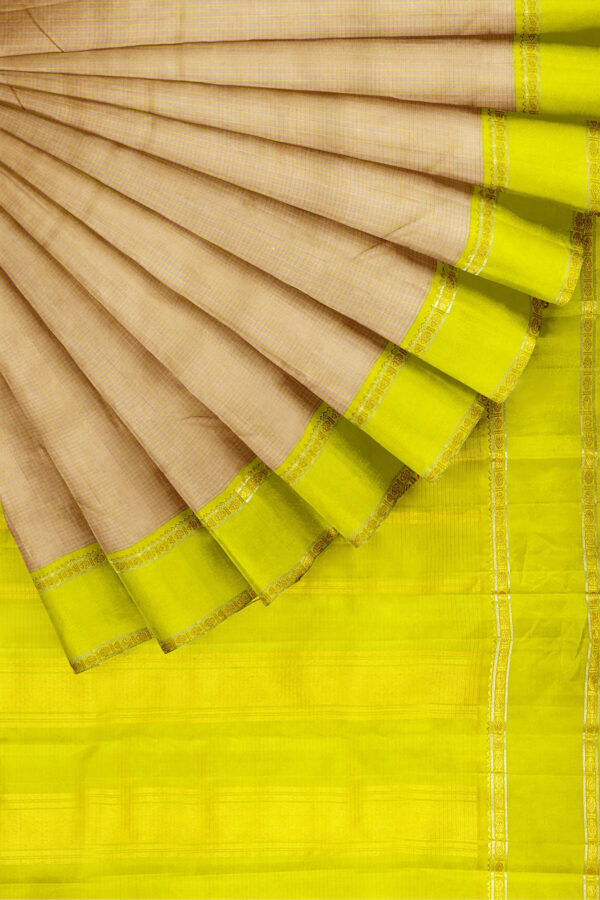 sri kumaran stores kanchipuram silk saree sandal saree with lemon yellow border 4