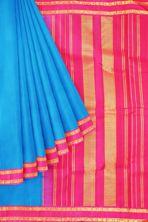 sri kumaran stores kanchipuram silk saree sky blue saree with golden pink border 1
