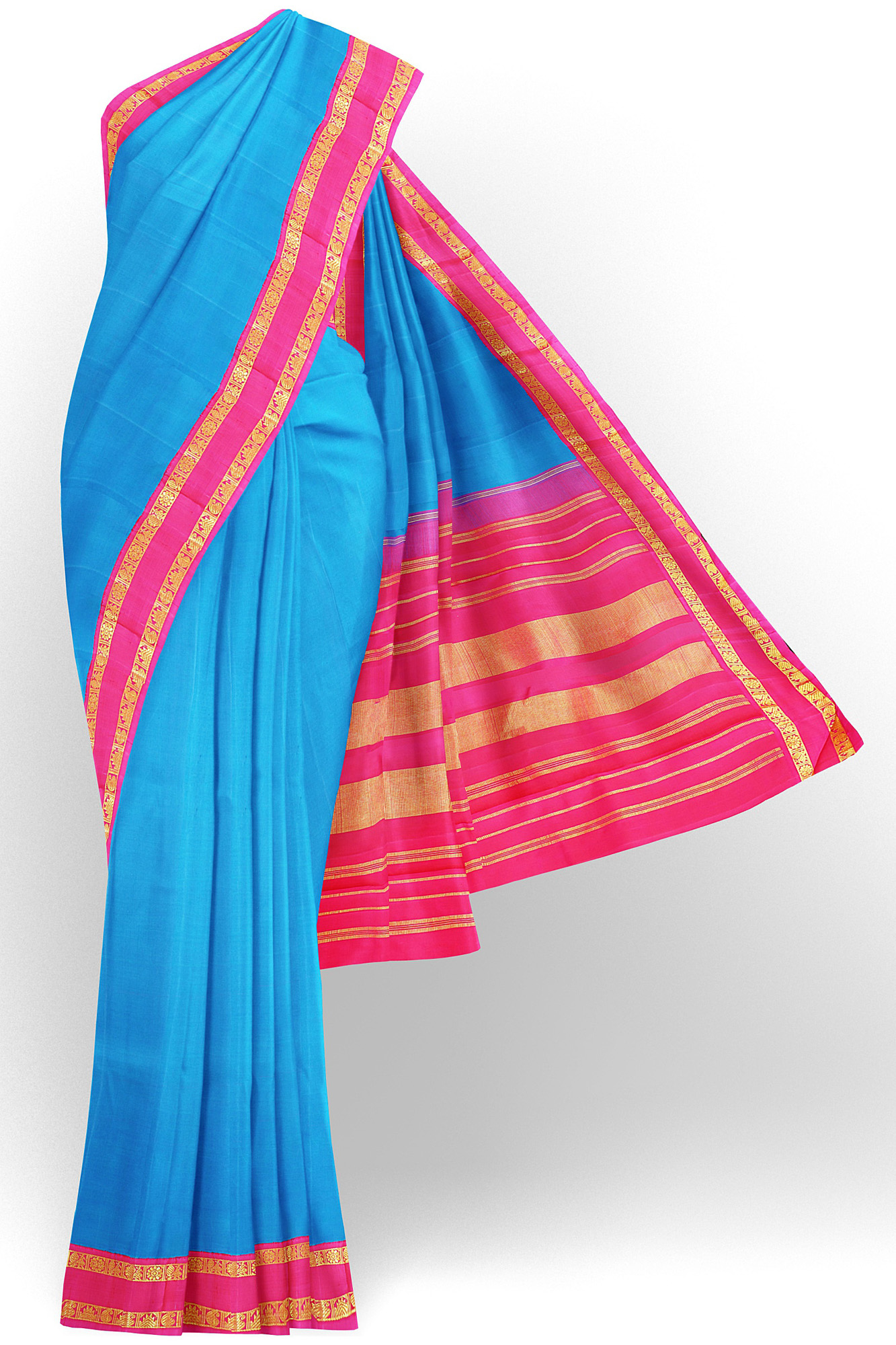 sri kumaran stores kanchipuram silk saree sky blue saree with golden pink border 2
