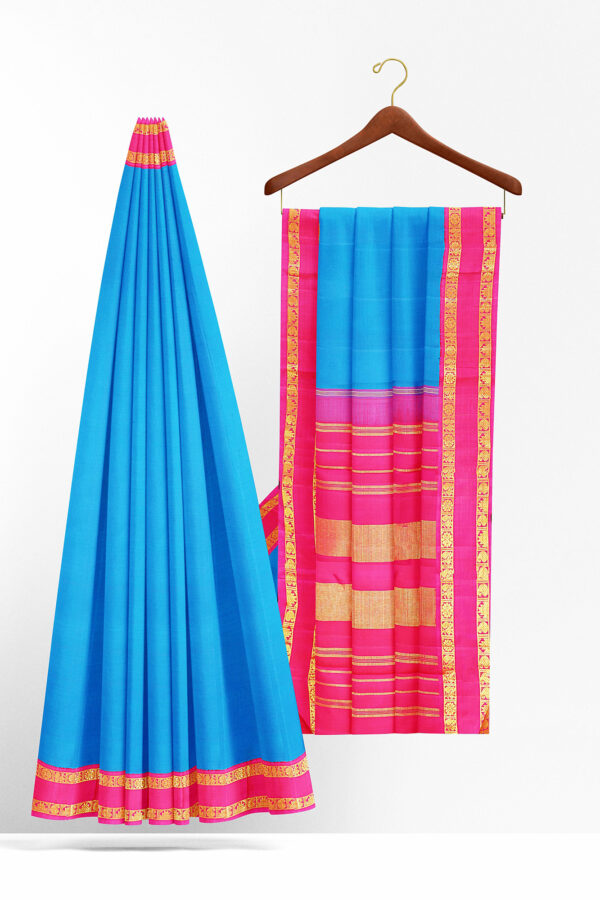 sri kumaran stores kanchipuram silk saree sky blue saree with golden pink border 3