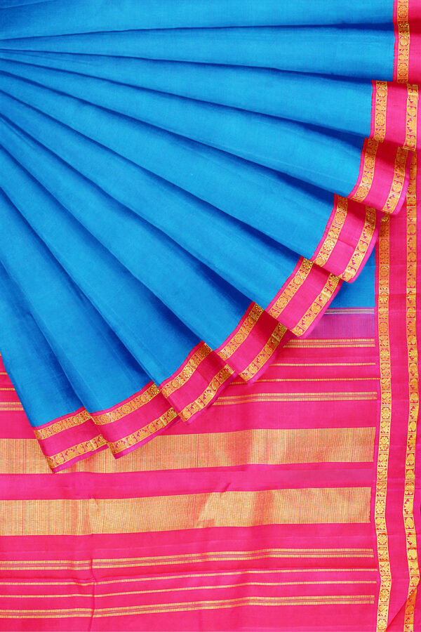 sri kumaran stores kanchipuram silk saree sky blue saree with golden pink border 4