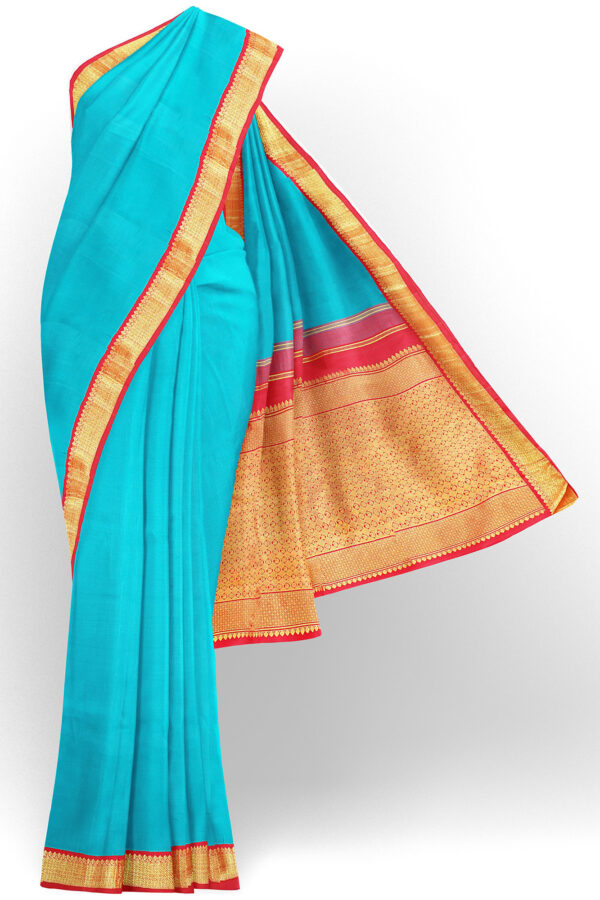 sri kumaran stores kanchipuram silk saree sky blue saree with golden red border 2