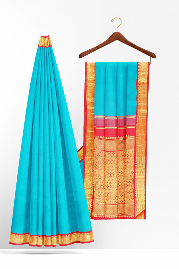 sri kumaran stores kanchipuram silk saree sky blue saree with golden red border 3