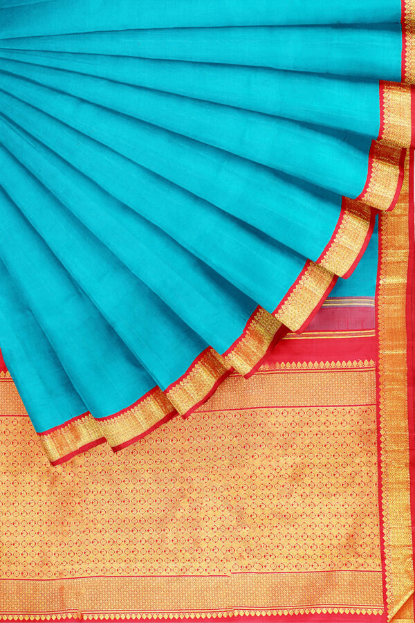sri kumaran stores kanchipuram silk saree sky blue saree with golden red border 4