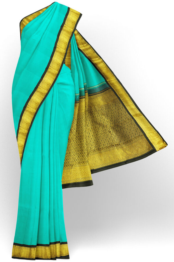 sri kumaran stores kanchipuram silk saree turquoise blue saree with golden black border 2