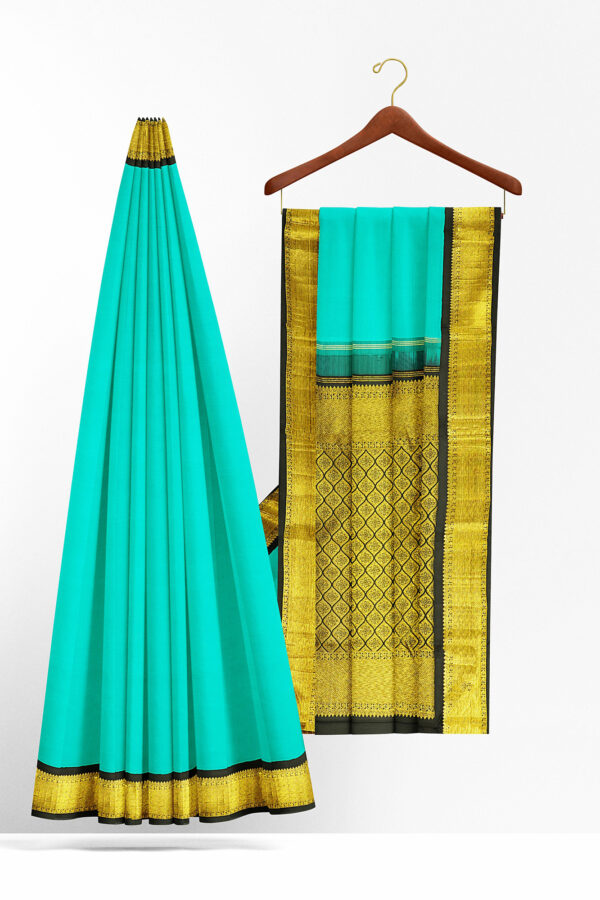 sri kumaran stores kanchipuram silk saree turquoise blue saree with golden black border 3