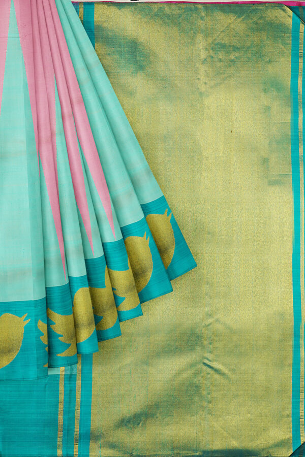 sri kumaran stores kanchipuram silk saree turquoise blue saree with pink blue border 1