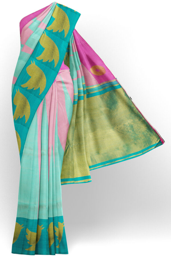 sri kumaran stores kanchipuram silk saree turquoise blue saree with pink blue border 2