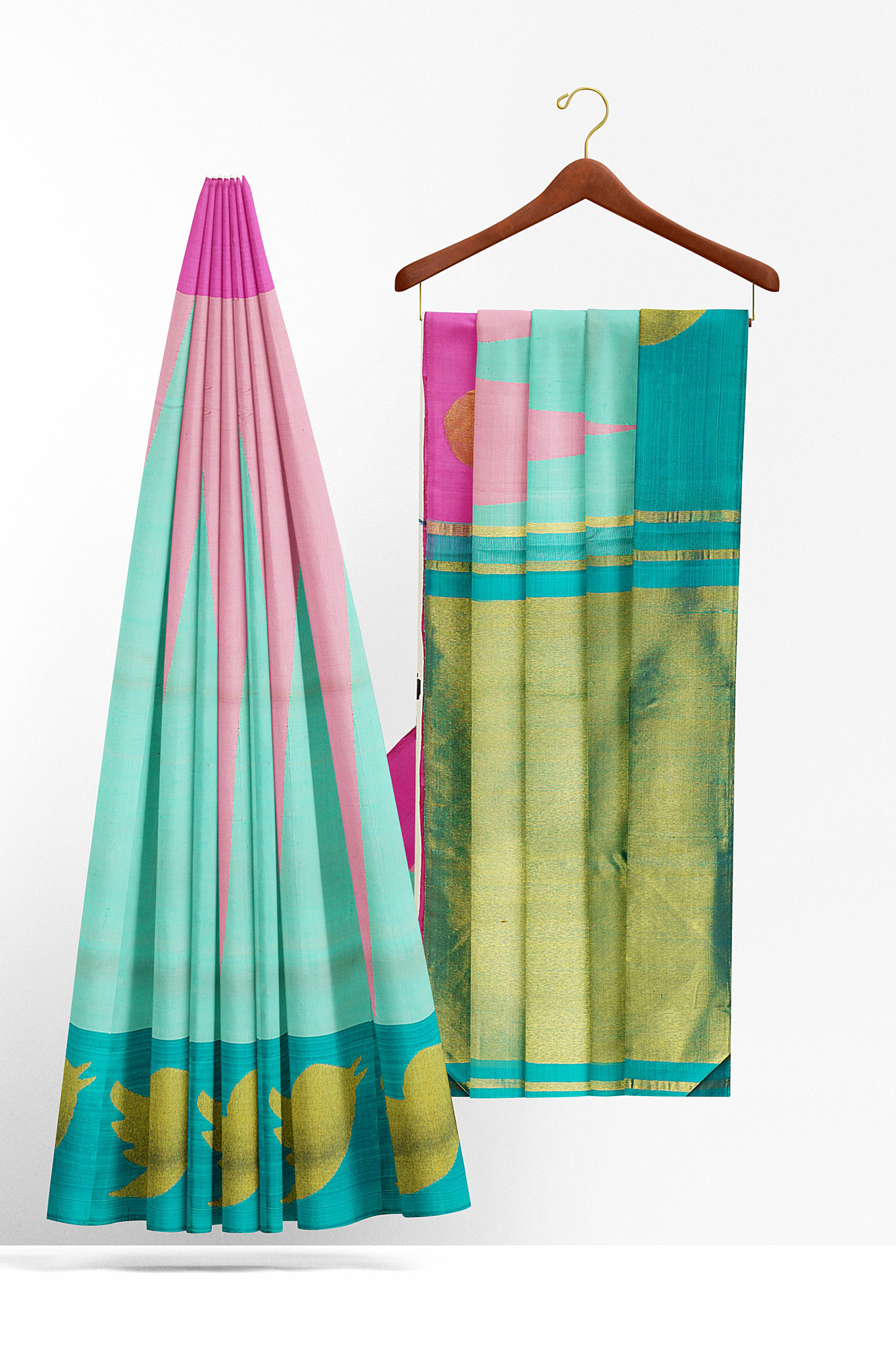 sri kumaran stores kanchipuram silk saree turquoise blue saree with pink blue border 3