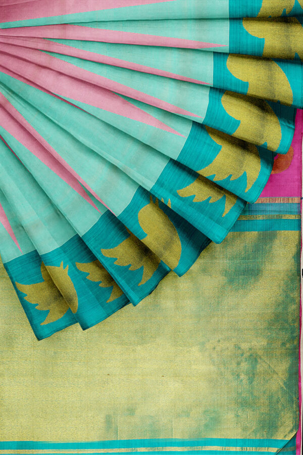 sri kumaran stores kanchipuram silk saree turquoise blue saree with pink blue border 4