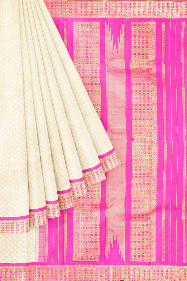 sri kumaran stores kanchipuram silk saree white saree with golden pink border 1