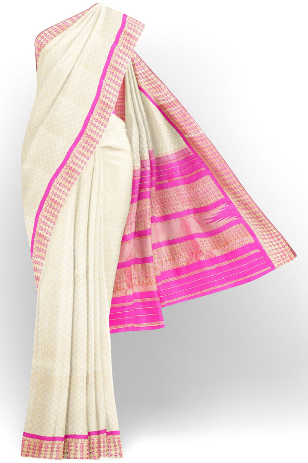 sri kumaran stores kanchipuram silk saree white saree with golden pink border 2