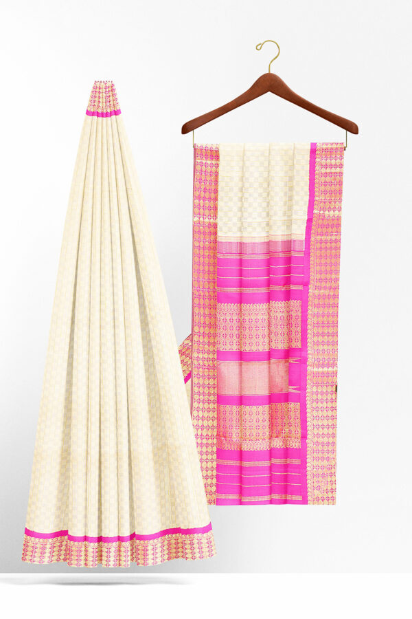 sri kumaran stores kanchipuram silk saree white saree with golden pink border 3