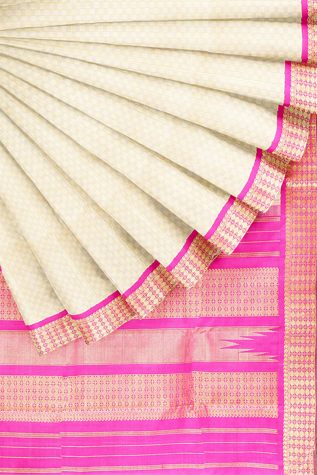 sri kumaran stores kanchipuram silk saree white saree with golden pink border 4