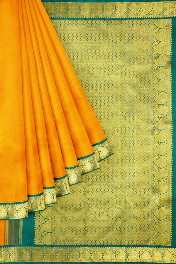sri kumaran stores kanchipuram silk saree yellow saree with golden green border 1