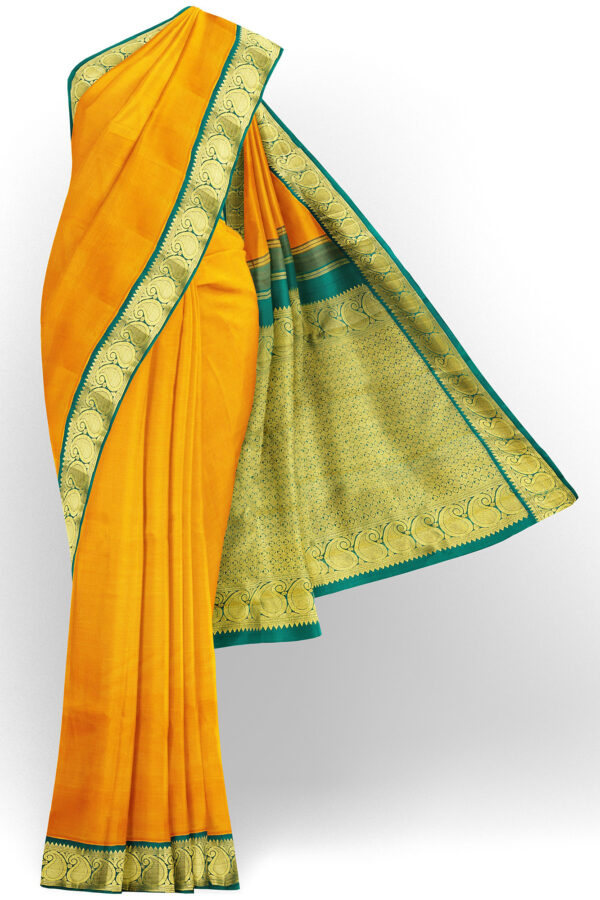 sri kumaran stores kanchipuram silk saree yellow saree with golden green border 2