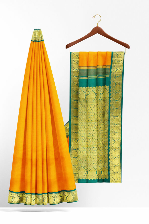 sri kumaran stores kanchipuram silk saree yellow saree with golden green border 3