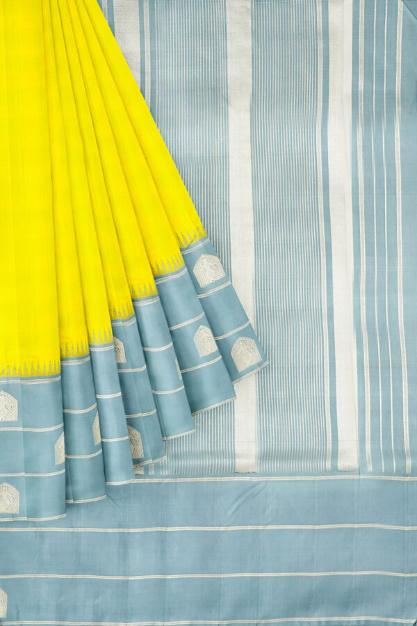 sri kumaran stores kanchipuram silk saree yellow saree with light blue border 1