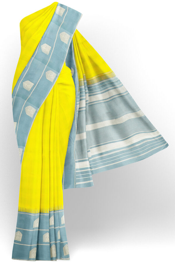 sri kumaran stores kanchipuram silk saree yellow saree with light blue border 2