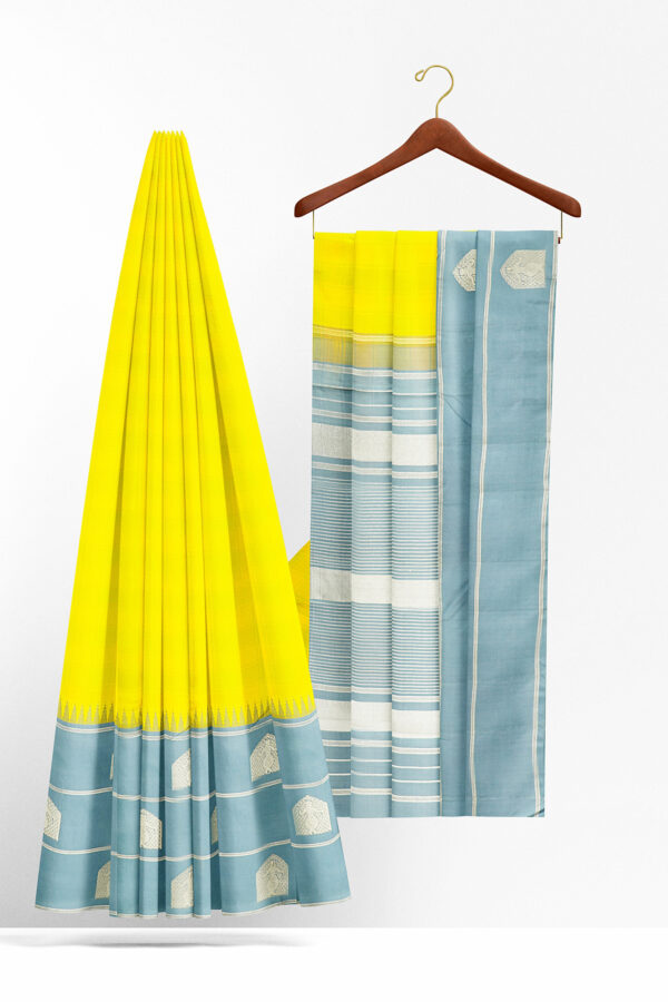 sri kumaran stores kanchipuram silk saree yellow saree with light blue border 3