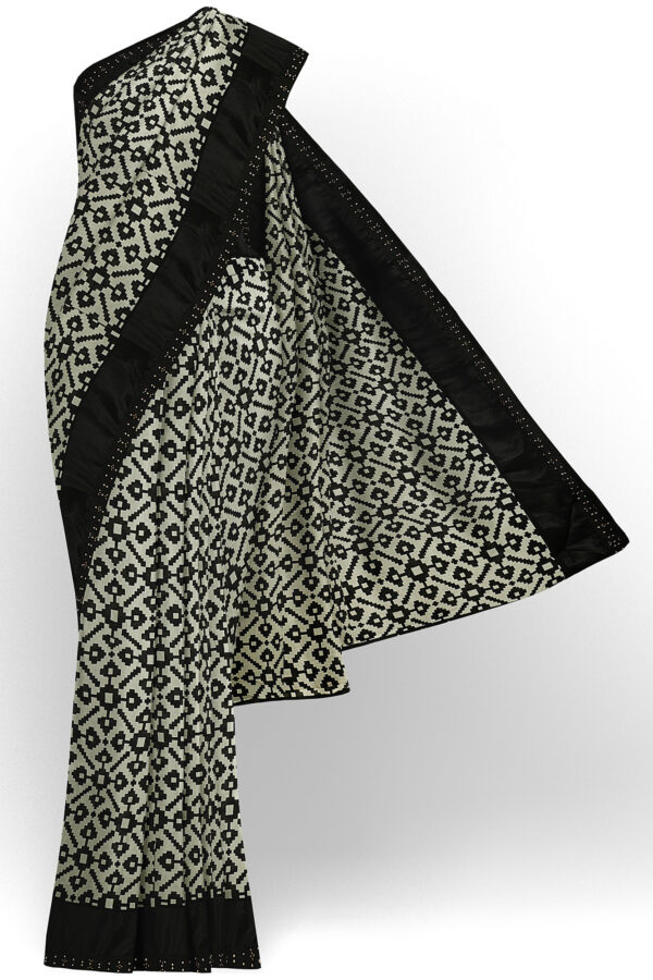 sri kumaran stores linen chiffon saree black and white saree with black border 1