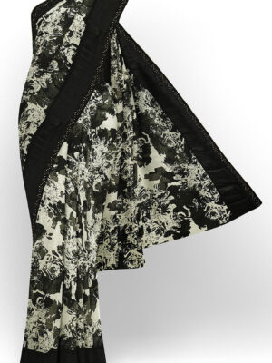sri kumaran stores linen chiffon saree black and white saree with black border 1 1
