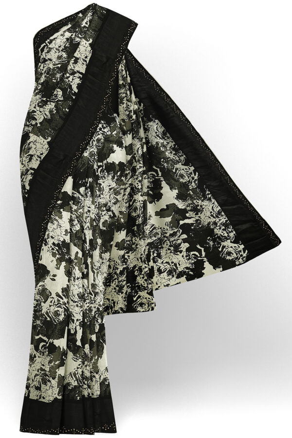 sri kumaran stores linen chiffon saree black and white saree with black border 1 1
